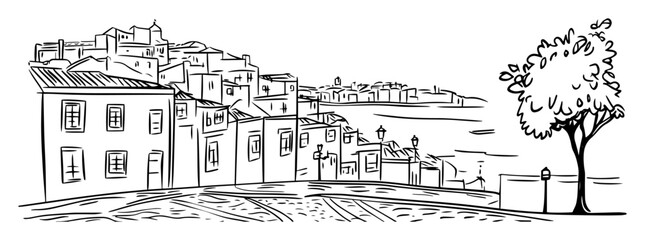 mediterranean street with coastal buildings and tree