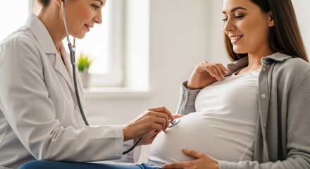 Fototapeta premium Doctor checking pregnant woman's belly with stethoscope