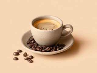 Fototapeta premium Espresso with lay of Coffee Beans on Beige Background,