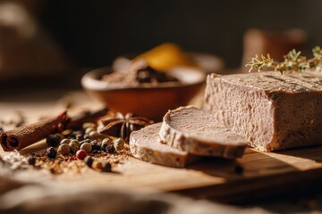 Light shines on a sliced paté block, spice mix, cinnamon stick, and herbs on wood