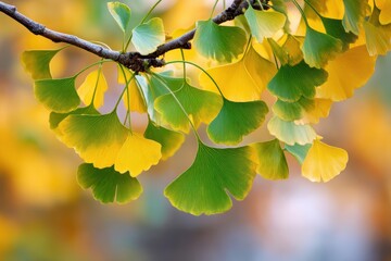 Ginkgo branch with yellow and green fan-shaped leaves against a blurred bokeh background