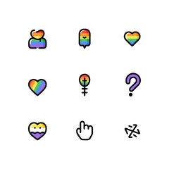 Diverse LGBTQIA+ vector icon set featuring rainbow colors and inclusive symbols representing identity and support for the queer community