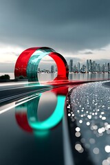 Futuristic city pathway with glowing arch