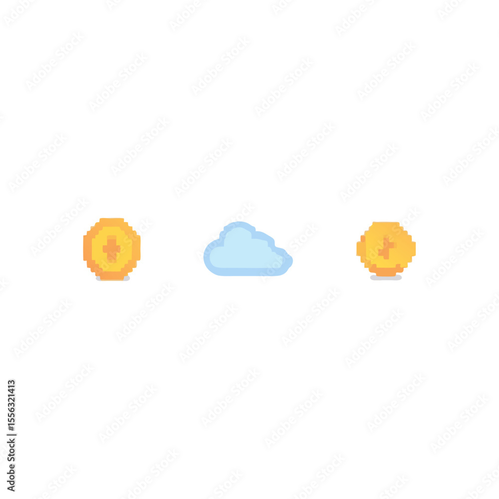 Poster light and airy pixel art landscape featuring suns and clouds against a black background creating a d