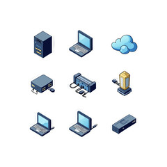 Isometric technology elements showcasing server, laptop, cloud, and connectivity devices in a vector illustration featuring computing and networking equipment