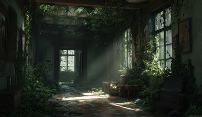Overgrown interior shows nature reclaiming space, sun shines through window