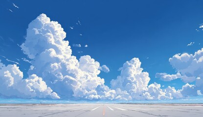 Stylized blue sky with puffy white clouds over a horizon with faint orange center line