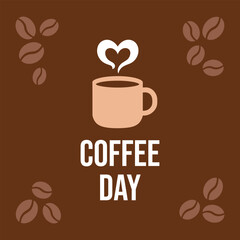 Brown Background Coffee Day Design Beige Mug Heart Steam Coffee Beans vector