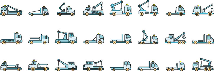Various tow truck icons depicting different types of towing and roadside assistance services, ideal for automotive and transportation related designs