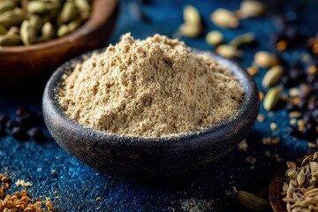 A dark bowl filled with finely ground powder, surrounded by spices on blue surface
