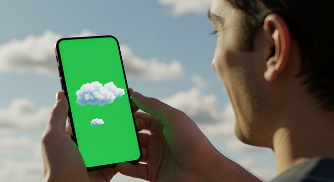 Man gazes at a phone displaying cloud imagery against a bright sky. - Powered by Adobe