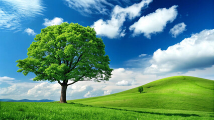 A solitary green tree stands against a bright blue sky with fluffy white clouds grass