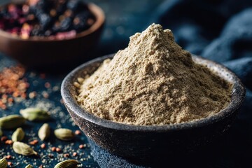A rustic bowl brimming with beige powder, beside berries and cardamom, on dark cloth