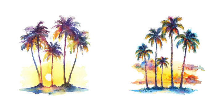 palm trees silhouette at sunset watercolor vector illustration