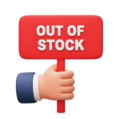 3D illustrator Out of stock sign held by hand icon on transparency background. for e-commerce, online shopping or marketing concept.	