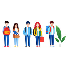 Obraz premium Diverse group of students standing together with backpacks and books in hand, isolated on transparent background.