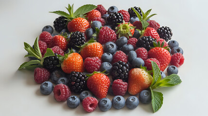 Obraz premium Assorted Fresh Berries on a White Surface Strawberries Blueberries Raspberries and Blackberries