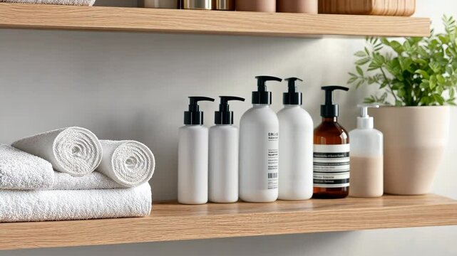 Minimalist bathroom essentials on wooden shelf with towels and plants in natural lighting
