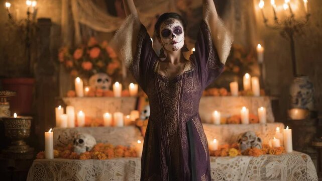 Woman in gothic dress with day of dead makeup at halloween altar with candles and marigolds. Mexican dia de los muertos celebration. Dark spooky traditional decor concept - Powered by Adobe