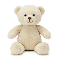 Soft beige teddy bear plush toy isolated on white, cuddly stuffed animal for babies and toddlers, nursery decor, baby shower gift, children's comfort toy