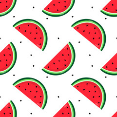 Seamless Summer Pattern with Watermelon Slice on White Background. Vector Illustration