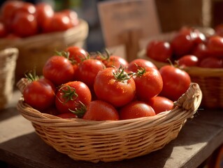 Fresh tomatoes in a farmer's market basket, daylight photo 