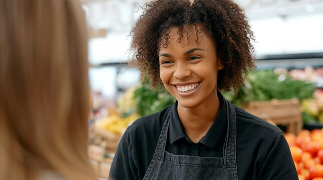 A friendly cashier chats with a customer while ringing them up at the checkout of a local grocery store - retail business and customer service concept