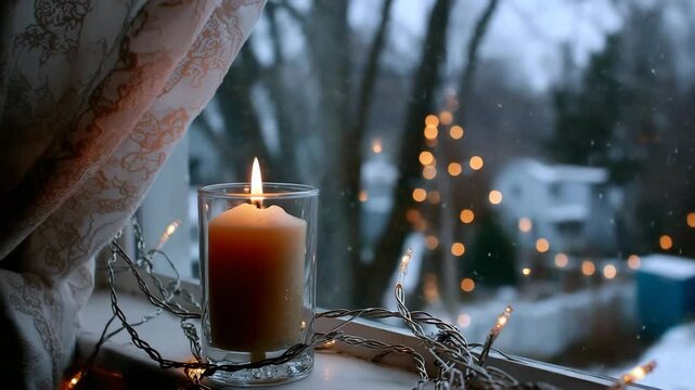 A cozy winter scene: a burning candle and a garland on the windowsill, snow falling outside and blurred lights visible. For a festive mood. Suitable for Christmas, New Year and home comfort themes.
