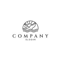 mountain logo with waves and sun in line art design style