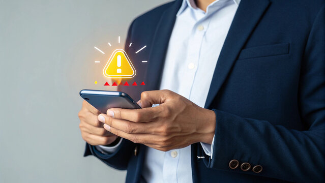 Man Using a Mobile Phone with a Warning Icon Hovering Above. businessman holding a mobile phone with a message