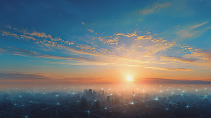 Smart digital Innovation city with connection network reciprocity over the twilight cityscape. of future smart wireless digital city and social media networking systems that connects people with city