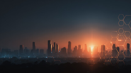 Fototapeta premium Smart digital Innovation city with connection network reciprocity over the twilight cityscape. of future smart wireless digital city and social media networking systems that connects people with city