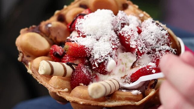 Hong Kong waffles with ice cream, strawberries and coconut shavings. Hong Kong-style egg waffles with strawberries. Summer dessert. Street food. Close-up of hands holding a waffle on a napkin. Sweets
