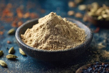 Heap of ground spice in small bowl with cardamoms & seeds, on textural blue backdrop