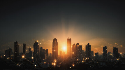 Fototapeta premium Smart digital Innovation city with connection network reciprocity over the twilight cityscape. of future smart wireless digital city and social media networking systems that connects people with city
