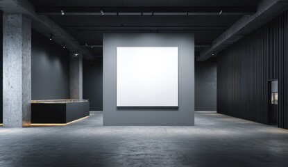 Interior view of modern gallery with a large blank canvas on the wall