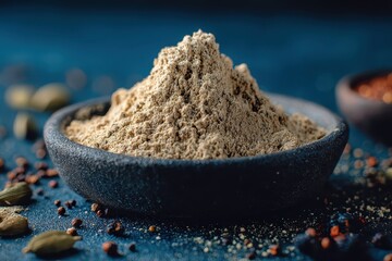 Small bowl piled with tan powder, surrounded by cardamom pods and other spices
