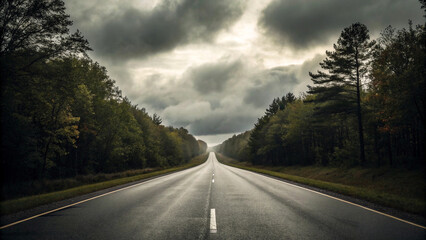 Empty asphalt road stretching through a dense forest under a dramatic cloudy sky trees
