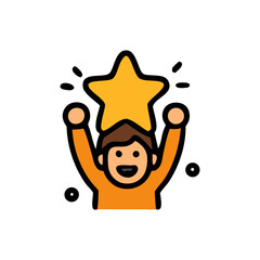 A happy person celebrates success by holding a golden star above their head.