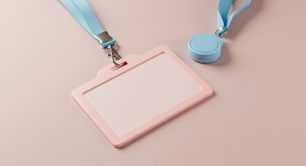 Pink Identification Badge with Blue Lanyard on a Pink Background in Studio Lighting Featuring Security and Office Access