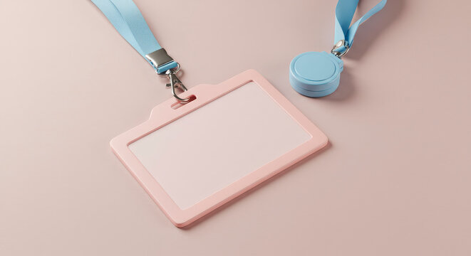 Pink Identification Badge with Blue Lanyard on a Pink Background in Studio Lighting Featuring Security and Office Access - Powered by Adobe