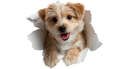 Playful puppy peeking through the torn paper: A cute puppy, bursts through the paper, embodying an endearing blend of playful innocence. A light backdrop enhances the puppies charm.