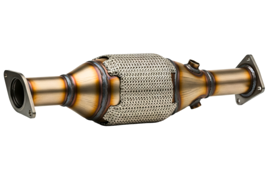 New automotive catalytic converter with a flexible mesh pipe isolated on a transparent background