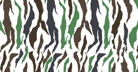 Camouflage zebra stripe pattern in green, brown, and black tones, perfect for wild jungle themes, military backgrounds, fashion designs, hunting gear, and outdoor adventure projects.
