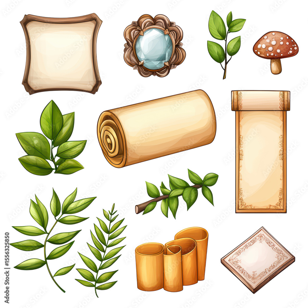Poster decorative elements with leaves, scrolls, and natural objects for design use, isolated on transparen