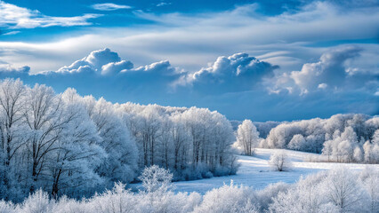 Frosted forest landscape under blue sky with clouds winter snow