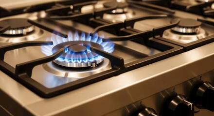Blue flame on a gas stove burner. Natural gas combustion for home heating and cooking. Energy security concept.
