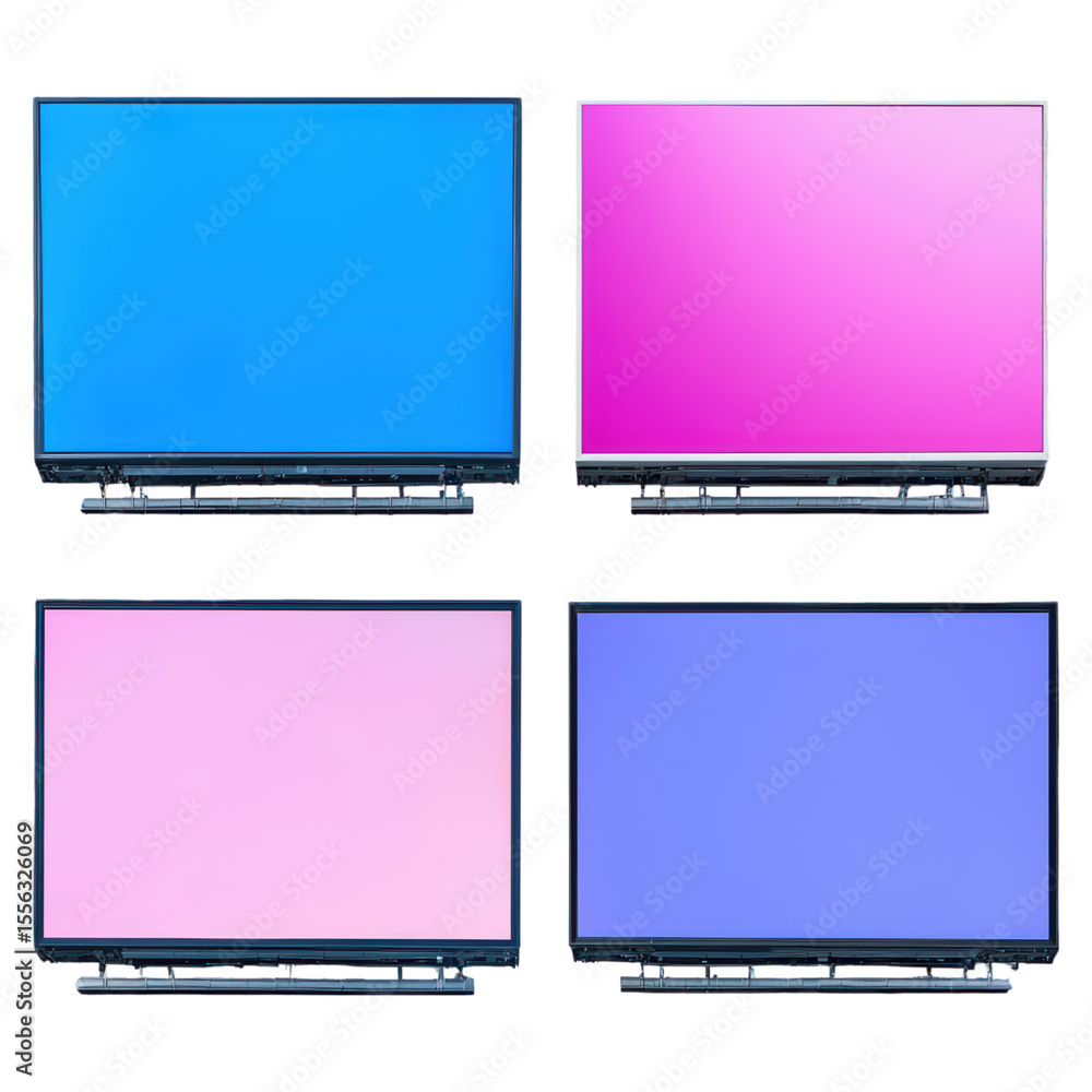 Poster colorful blank computer monitors displaying various vibrant backgrounds, isolated on transparent bac