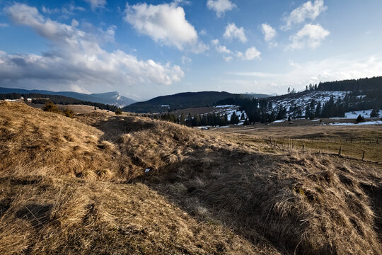 Basson Hill: trenches of the Austro-Hungarian stronghold of the Great War. Vezzena, Levico Terme, Trentino, Italy.