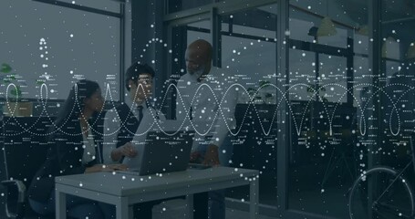 Business team reviewing laptop screen, displaying 3D waveforms and data points for metric analysis - Powered by Adobe